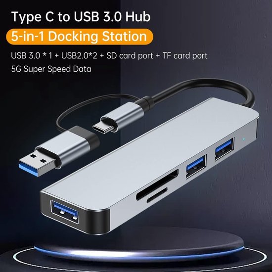 USB-C Hub 5-in-1 – USB 3.0 & USB 2.0 – SD/TF Kaartlezer – Plug & Play Dockingstation – Zwart-Ilumina Benelux