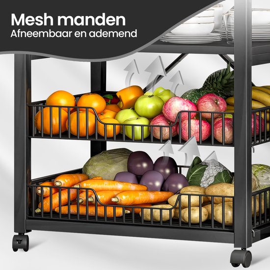 Keukenrek – Velox Goods VL-523 4-Laags Opbergrek met Magnetronplank – Metalen Staand Rek – Zwart-Keukenmeubelset-Ilumina Benelux