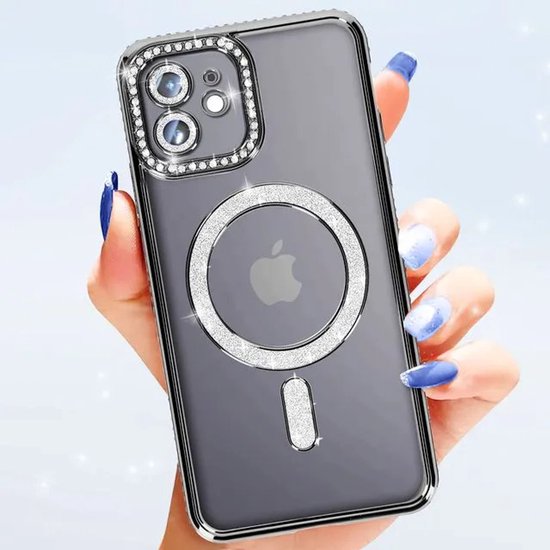 iPhone 11 Pro Hoesjes – MagSafe Glitter Backcover – Diamantjes – Glamour Design – Zwart-Ilumina Benelux