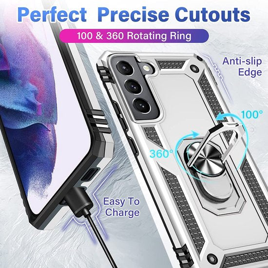 Samsung Galaxy S22 Hoesjes – Anti-Shock Hybride Ring Armor Backcover – Schokbestendig – Zilver-Ilumina Benelux
