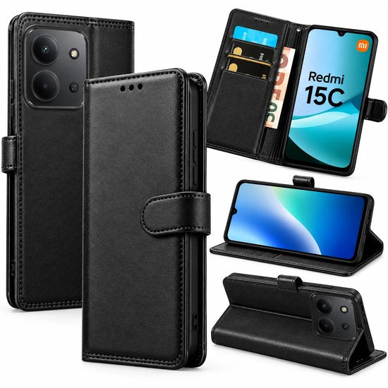 Bookcase Hoesje Geschikt voor Xiaomi Redmi 15C - Luxe PU Kalfsleer Telefoonhoes- Portemonnee Hoesje met Kaartvakken, Contant Geldvak, Magneetsluiting & Standaardfunctie - Zwart
