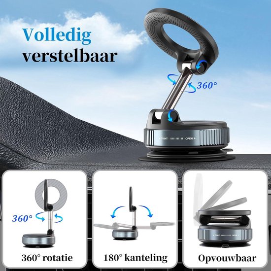 Telefoonhouder auto – Magnetisch vacuüm – 360° draaibaar & opvouwbaar – Geschikt voor iPhone 16/15/14/13 – Zwart-Ilumina Benelux