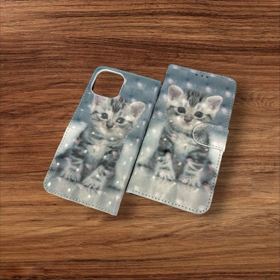 iPhone 13 Hoesjes – Portemonnee Book Case – Pasjeshouder – Magneetsluiting – Kat Print-Ilumina Benelux
