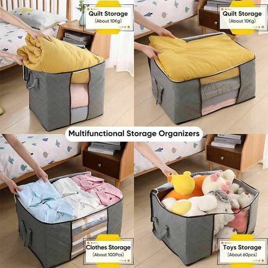 Opbergtas kleding organizer – 4 stuks dekbed opbergzak – Opvouwbaar stofbestendig – Ritssluiting – 60x40x30 cm – Grijs-Opbergtas kleding-Ilumina Benelux