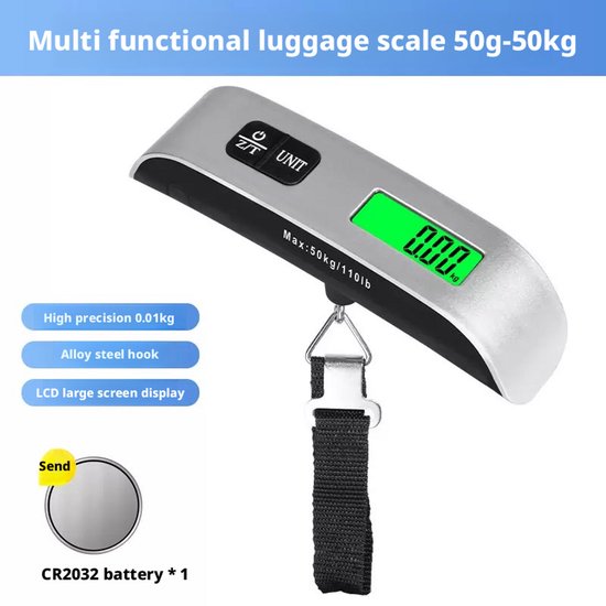 Digitale Bagageweegschaal Met Weeghaak & Thermometer - Koffer Weegschaal Bagage Bagageweger Kofferweger - Hang Weegschaal - Tot 50KG - Grijs - Inclusief Batterijen