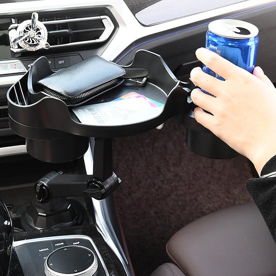 Telefoonhouder auto – Bekerhouder met uitschuifbare lade – Eettafel & opbergvak – 2-in-1 – Zwart-Ilumina Benelux