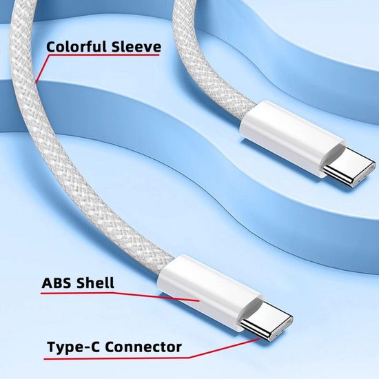 USB-C Oplaadkabel – Geschikt voor iPhone 15/16 & Samsung – Nylon Gevlochten – 66W Snelladen – 1 Meter – Wit-USB-Kabels-Ilumina Benelux