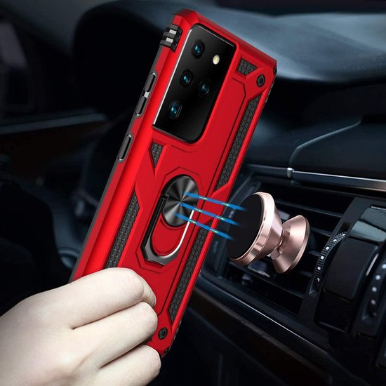 Samsung Galaxy S21 Ultra 5G Hoesjes – Hybride Ring Armor Backcover – Schokbestendig – Rood-Ilumina Benelux