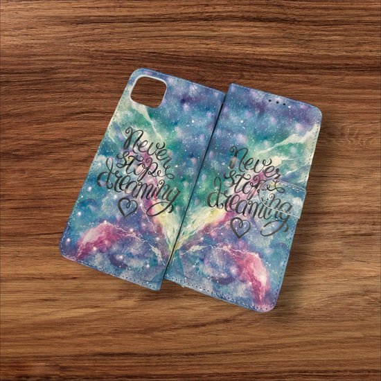Samsung Galaxy A22 5G Hoesjes – Portemonnee Book Case – Pasjeshouder – Magneetsluiting – Never Stop Dreaming Print-Ilumina Benelux