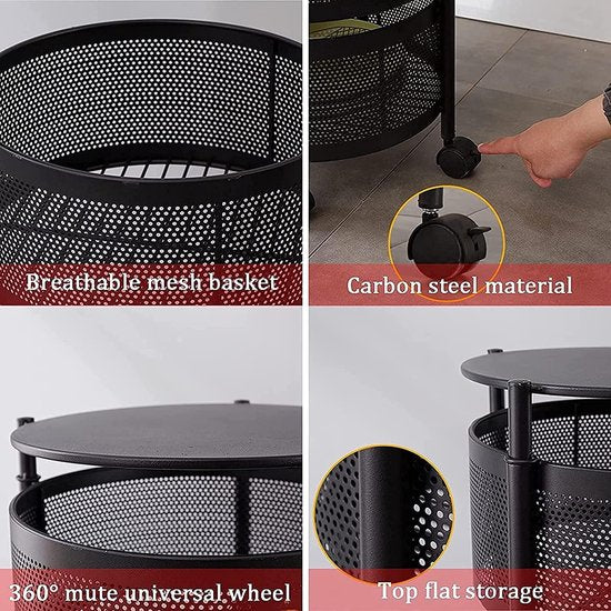 Keuken opbergrek – 5-laags draaibare fruit- en groentemand – Met wielen – Metalen opslagmand 180° – Zwart-Kast-Ilumina Benelux