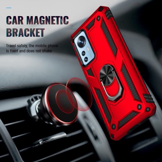 Xiaomi 12/12X Hoesjes – Ring Armor Backcover – 360° Draaibare Standaard – Magneet – Rood-Ilumina Benelux