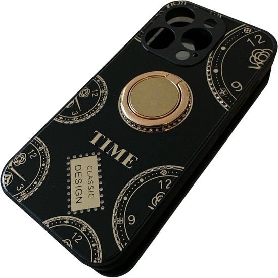 iPhone 14 Pro Max Hoesjes – Ringhouder Backcover – Klokdesign met Steentjes – Zwart-Ilumina Benelux