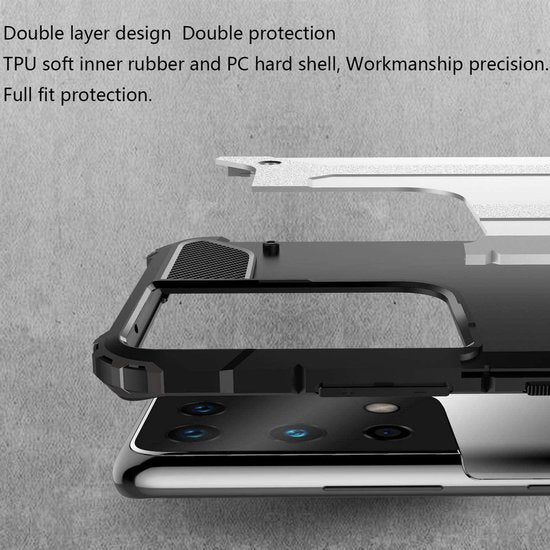 Samsung Galaxy S21 Ultra Hoesjes – Armor Hybrid Backcover – Schokbestendig – Zilver-Ilumina Benelux