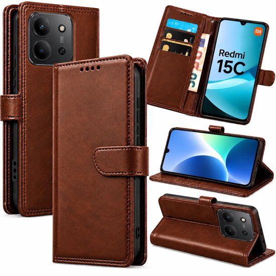Bookcase Hoesje Geschikt voor Xiaomi Redmi 15C - Luxe PU Kalfsleer Telefoonhoes- Portemonnee Hoesje met Kaartvakken, Contant Geldvak, Magneetsluiting & Standaardfunctie - Bruin
