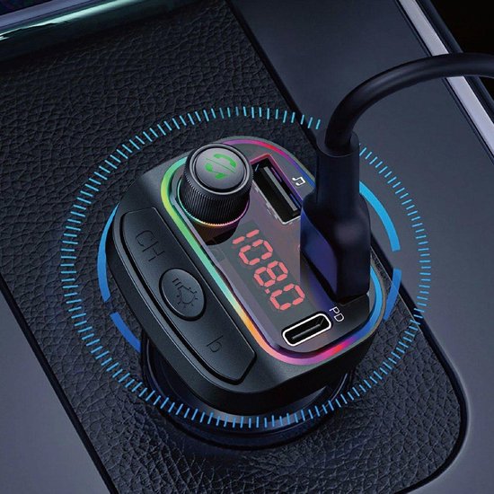 FM Transmitter Auto – Bluetooth 5.0 Carkit – MP3 Speler – Snelladen USB & USB-C – Handsfree – 7-Kleuren LED – Zwart-Ilumina Benelux