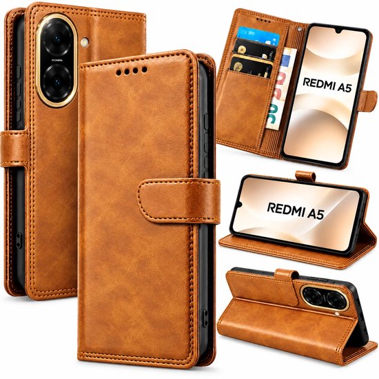 Bookcase Hoesje Geschikt voor Xiaomi Redmi A5 - Luxe PU Kalfsleer Telefoonhoes- Portemonnee Hoesje met Kaartvakken, Contant Geldvak, Magneetsluiting & Standaardfunctie - Khaki