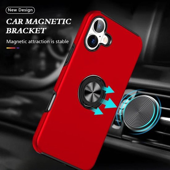 iPhone 16 Plus Hoesjes – Backcover met Vingerring – Magneet – Rood-Ilumina Benelux