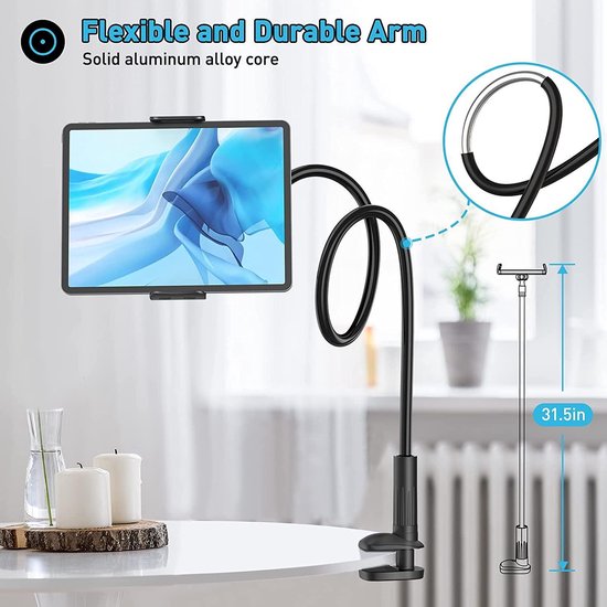 Zwanenhals Tablet Houder – Lazy Arm Beugel voor Bureau/Bed/Keuken – 360° Roteerbare Clip – Flexibele Arm – Universeel voor 4 t/m 10,5 inch Tablets & Smartphones – Geschikt voor: iPad, Galaxy Tab, Switch