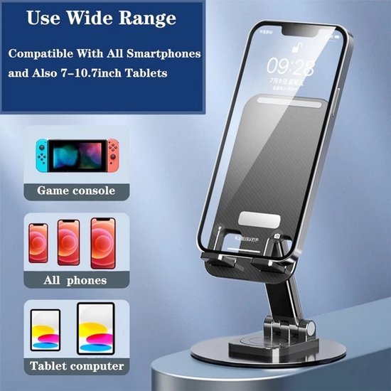 Telefoonhouder bureau – 360° verstelbaar – Voor telefoon & tablet – Opvouwbaar en stabiel – Zwart-Ilumina Benelux