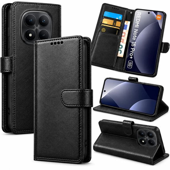 Bookcase Hoesje Geschikt voor Xiaomi Redmi Note 15 Pro+ - Luxe PU Kalfsleer Telefoonhoes- Portemonnee Hoesje met Kaartvakken, Contant Geldvak, Magneetsluiting & Standaardfunctie - Zwart