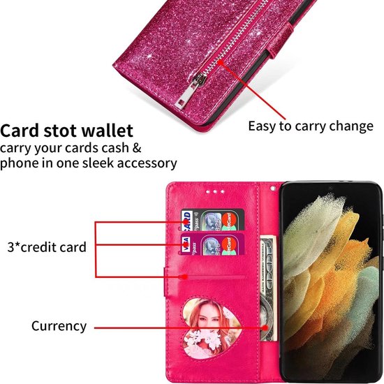 Samsung Galaxy S22 Ultra Hoesjes – Glitter Portemonnee Hoes – Rits & Koord – Pasjeshouder – Roze-Ilumina Benelux