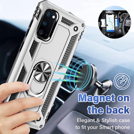 Samsung Galaxy S20 Hoesjes – Anti-Shock Hybride Ring Armor Backcover – Schokbestendig – Zilver-Ilumina Benelux
