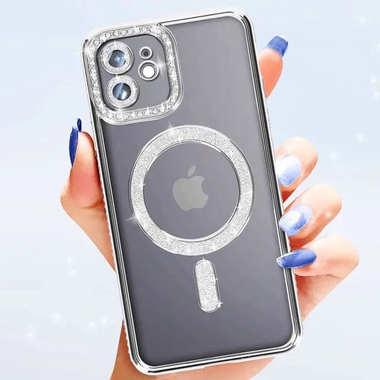 iPhone 11 Pro Max Hoesjes – MagSafe Backcover – Glitter & Strass – Glamour – Zilver-Ilumina Benelux