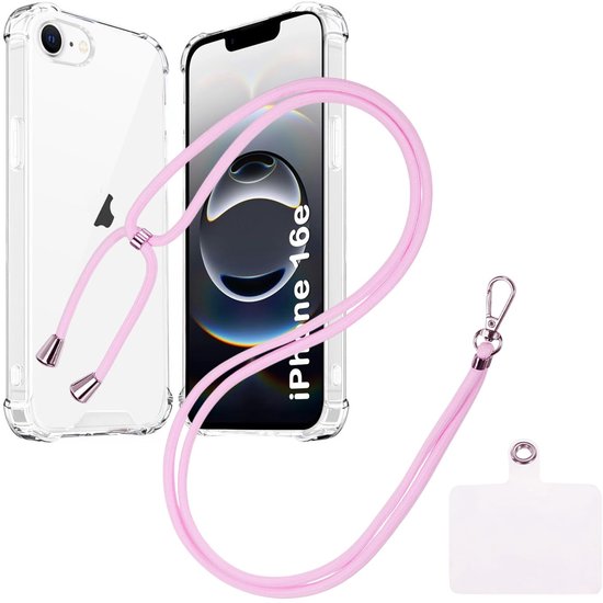 iPhone 16E Hoesjes – Transparante Backcover – Schokbestendig – Nekkoord Koord – Lichtroze-Ilumina Benelux