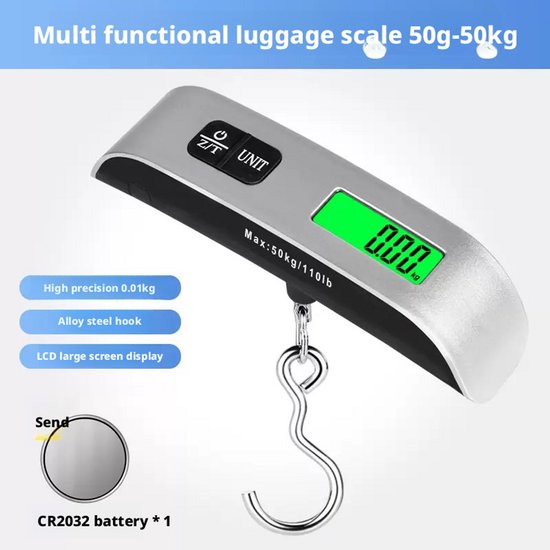 Digitale Bagageweegschaal Met Weeghaak & Thermometer - Koffer Weegschaal Bagage Bagageweger Kofferweger - Hang Weegschaal - Tot 50KG - Grijs - Inclusief Batterijen