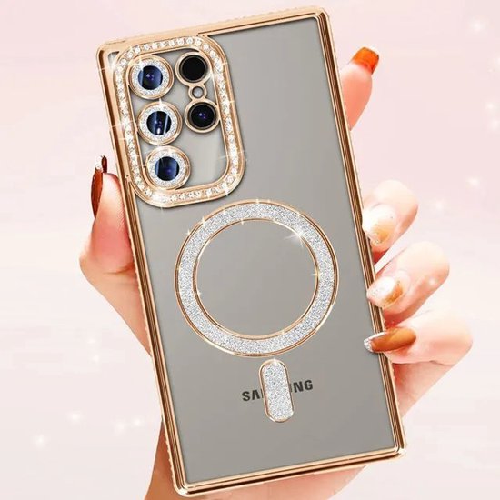 Samsung Galaxy S23 Ultra Hoesjes – MagSafe Glitter Backcover – Strass Diamantjes – Glamour – Goud-Ilumina Benelux