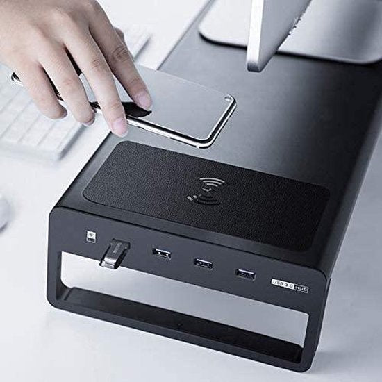 Monitorstandaard – Schermverhoger – Draadloze Oplader – USB 3.0 HUB – Zwart-Monitorstandaard-Ilumina Benelux