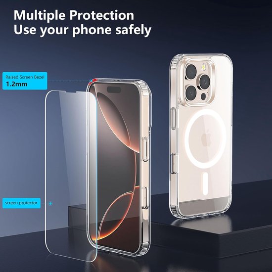 Telefoon met ringhoesje, losse screenprotector en aanduidingen van verhoogde randen