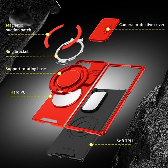 Samsung Galaxy Z Fold 7 Hoesjes – Armor Tough Hybrid Backcover – MagSafe Ringstandaard – Schokbestendig – Rood-Ilumina Benelux