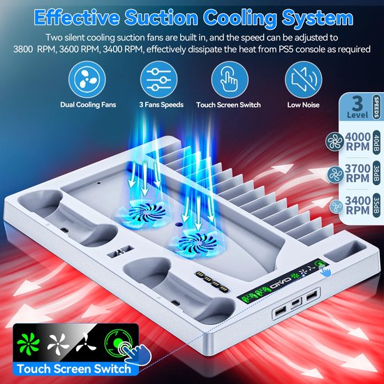 PS5 opbergstation – Verticale standaard met actieve koeling – DualSense oplader – Headsethouder & gamehouder 15 discs-Oplaadstation controllers-Ilumina Benelux