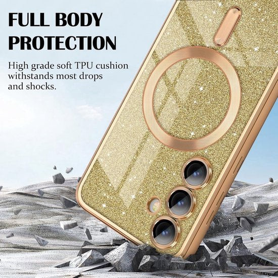 Samsung Galaxy S22 Ultra Hoesjes – MagSafe Compatibel – Glitter Sequin TPU Backcover – Zacht – Goud-Ilumina Benelux