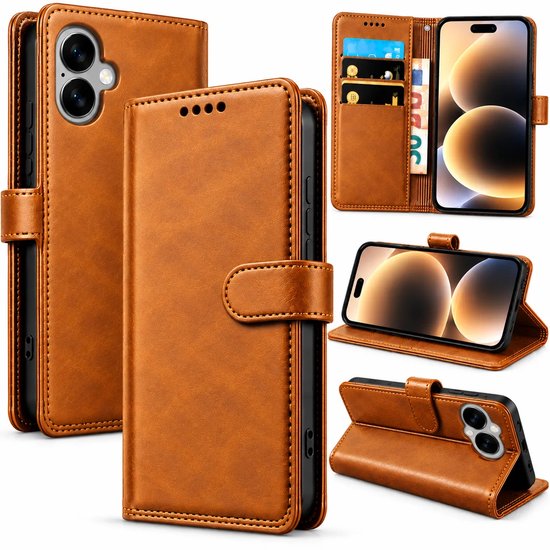 Bookcase Hoesje Geschikt voor iphone 17 - Luxe PU Kalfsleer Telefoonhoes- Portemonnee Hoesje met Kaartvakken, Contant Geldvak, Magneetsluiting & Standaardfunctie - Khaki