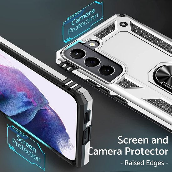 Samsung Galaxy S22 Hoesjes – Anti-Shock Hybride Ring Armor Backcover – Schokbestendig – Zilver-Ilumina Benelux
