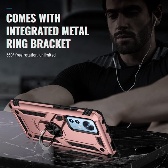 Xiaomi 12 / 12X Hoesjes – Ring Armor Backcover – 360° Draaibare Standaard – Magneet – Roségoud-Ilumina Benelux