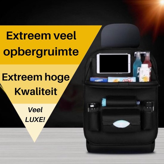 Autostoel organizer – Carseat organiser met tablethouder – Auto tafeltje – Bekerhouder – Tissue & paraplu houder – Zwart