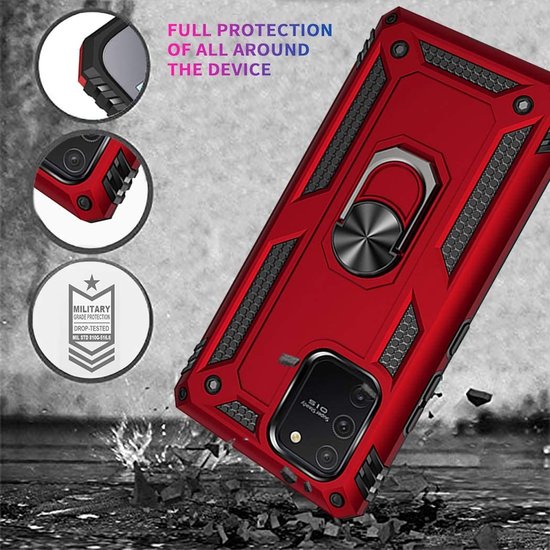 Samsung Galaxy S10 Lite Hoesjes – Ring Armor Backcover – 360° Draaibare Standaard – Magneet – Rood-Ilumina Benelux