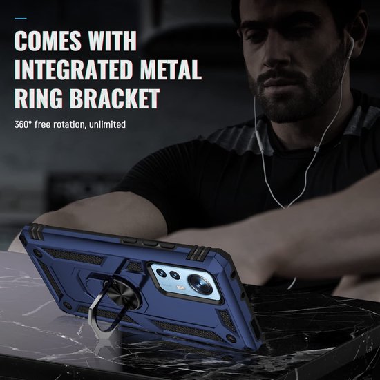 Xiaomi 12 Pro Hoesjes – Ring Armor Backcover – 360° Draaibare Standaard – Magneet – Blauw-Ilumina Benelux