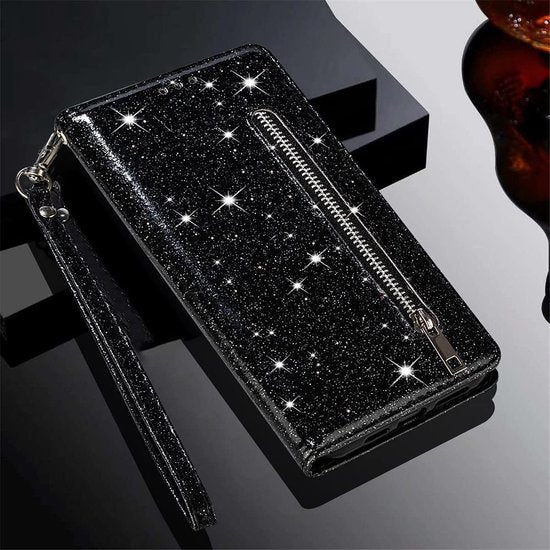 Samsung Galaxy A21s Hoesjes – Glitter Portemonnee Case met Rits – Koord – Pasjeshouder – Zwart-Ilumina Benelux