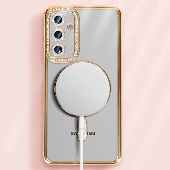 Samsung Galaxy A25 Hoesjes – MagSafe Glitter Backcover – Strass Diamantjes – Glamour – Goud-Ilumina Benelux