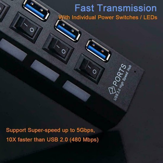 USB 3.0 Hub 7-Poorts – Met Aan/Uit Schakelaars – Powered met Indicatielampjes – 5 Gbps – Plug & Play – Zwart-Ilumina Benelux