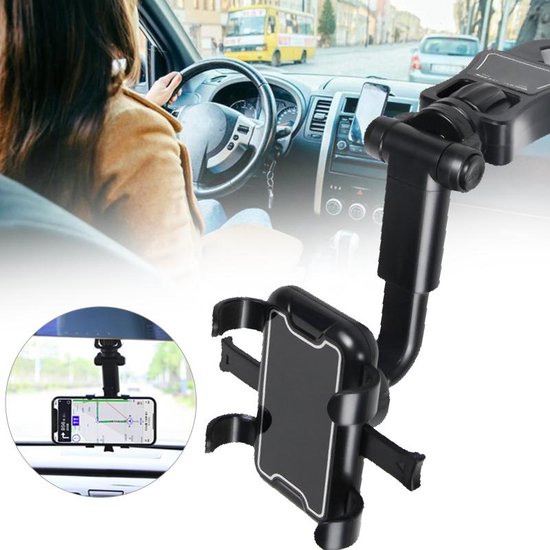 Telefoonhouder auto – 360° draaibaar – Verstelbaar – Voor hoofdsteun & achteruitkijkspiegel – Zwart-Ilumina Benelux