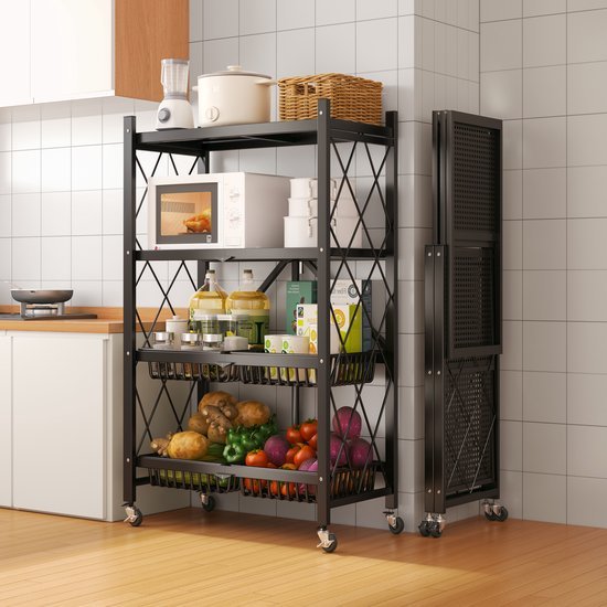 Opbergrek 4-laags – Inklapbare planken – Met wielen – Stevig staand rek voor keuken/badkamer/woonkamer – Zwart-Opbergrek-Ilumina Benelux