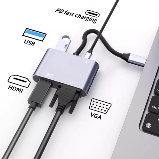 USB-C naar HDMI VGA Adapter – 4-in-1 met USB 3.0 & USB-C oplaadpoort – 4K – Geschikt voor laptop tablet MacBook – Zwart-Ilumina Benelux