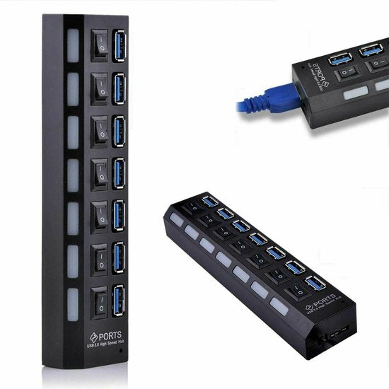 USB 3.0 Hub 7-Poorts – Met Aan/Uit Schakelaars – Powered met Indicatielampjes – 5 Gbps – Plug & Play – Zwart-Ilumina Benelux