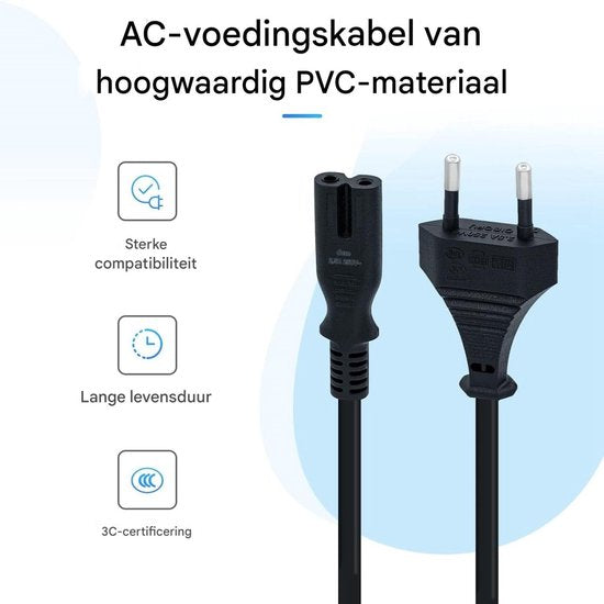 c7 kabel - 1,5 m zwarte stroomkabel - C7-draad Euro-stekker - C7 2-pins stroomkabel - stroomkabel 2 aderig - geschikt voor PS5 / PS4 / PS3 / Xbox Series X/S - zwart