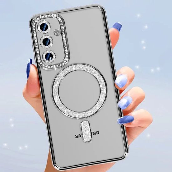 Samsung Galaxy A25 Hoesjes – MagSafe Glitter Backcover – Diamantjes – Glamour – Zwart-Ilumina Benelux
